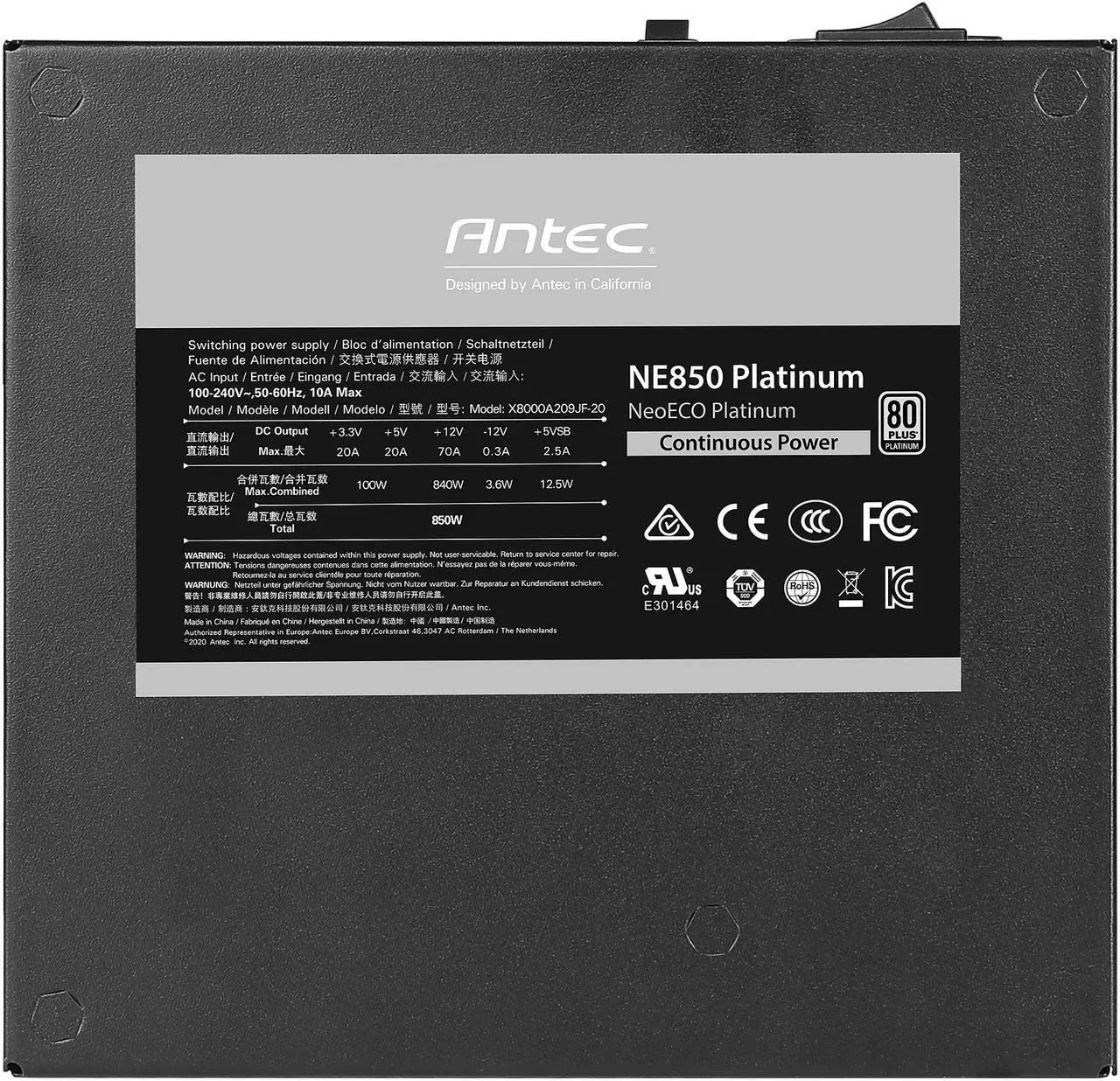 Alt view image 10 of 10 - Antec NeoECO Platinum NE850 Platinum Power Supply 850W, 80 PLUS Platinum Certified with 7-Year Warranty, 120mm Silent Fan, LLC + DC to DC Design, Japanese Caps, CircuitShield Protection & Zero RPM Mode