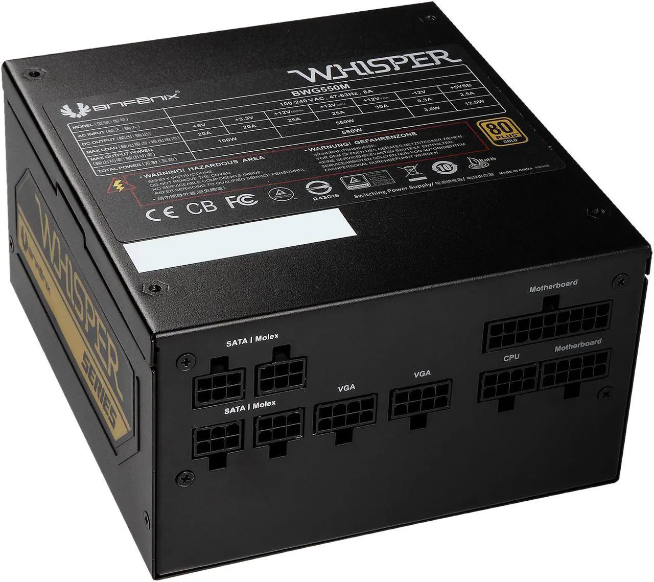 Alt view image 6 of 12 - BitFenix Whisper M 80 Plus Gold Full Modular 550W PSU, BWG550M