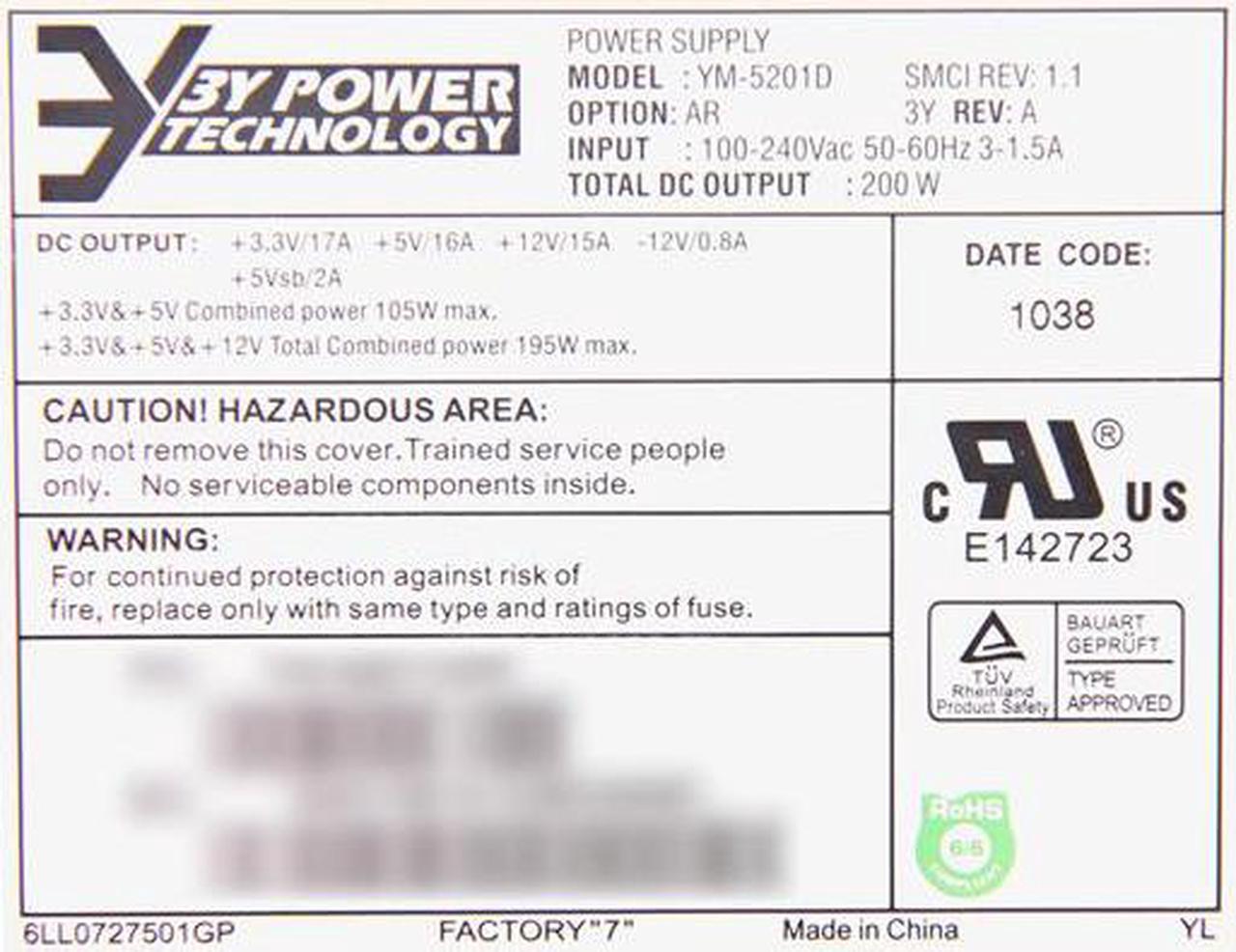 Alt view image 3 of 6 - SuperMicro PWS-202-1H 20Pin 200W 1U Multi-output Server Power Supply