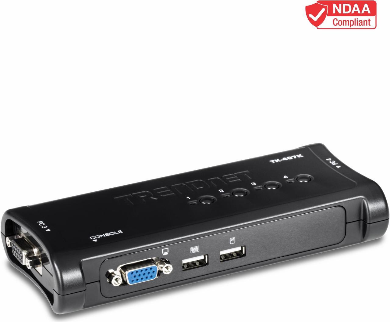 TRENDnet 4-Port USB KVM Switch Kit, VGA And USB Connections, 2048 x 1536 Resolution, Cabling Included, Control Up To 4 Computers, Compliant With Window, Linux, and Mac OS, White, TK-407K