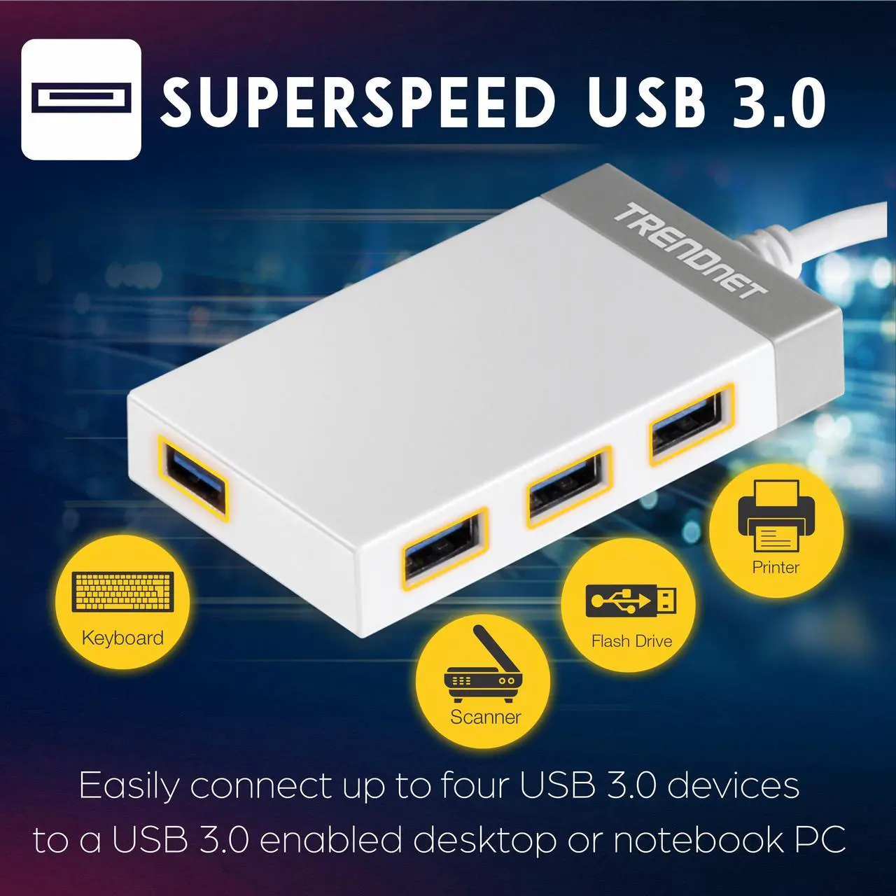 Alt view image 4 of 9 - TRENDnet TU3-H4E 4-Port USB 3.0 Mini Hub with integrated 14cm (5.5 in) USB 3.0 Cable for Windows, Mac OS, MacBook, and Surface Pro