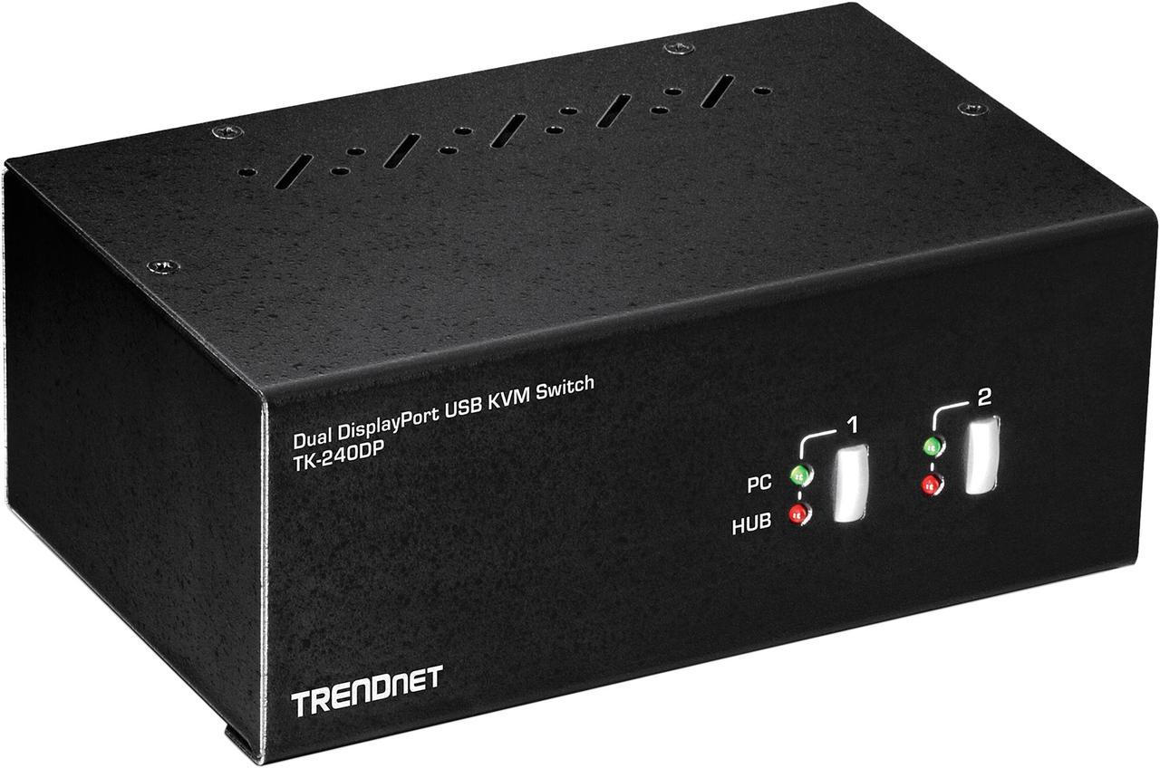 TRENDnet TK-240DP 2-Port Dual Monitor DisplayPort KVM Switch with Audio, 2-Port USB 2.0 Hub, 4K UHD Resolutions Up to 3840 x 2160, Connect Two DisplayPort Monitors, Dual Monitor KVM Switch, Black