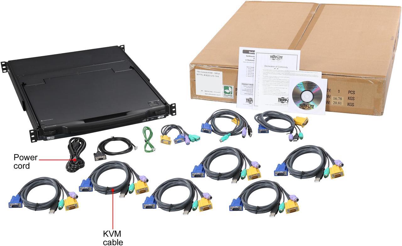 Alt view image 9 of 8 - Tripp Lite 16-Port 1U Rack-Mount Console KVM Switch with 19-in. LCD + 8 PS2/USB Combo Cables (B020-U16-19-K)