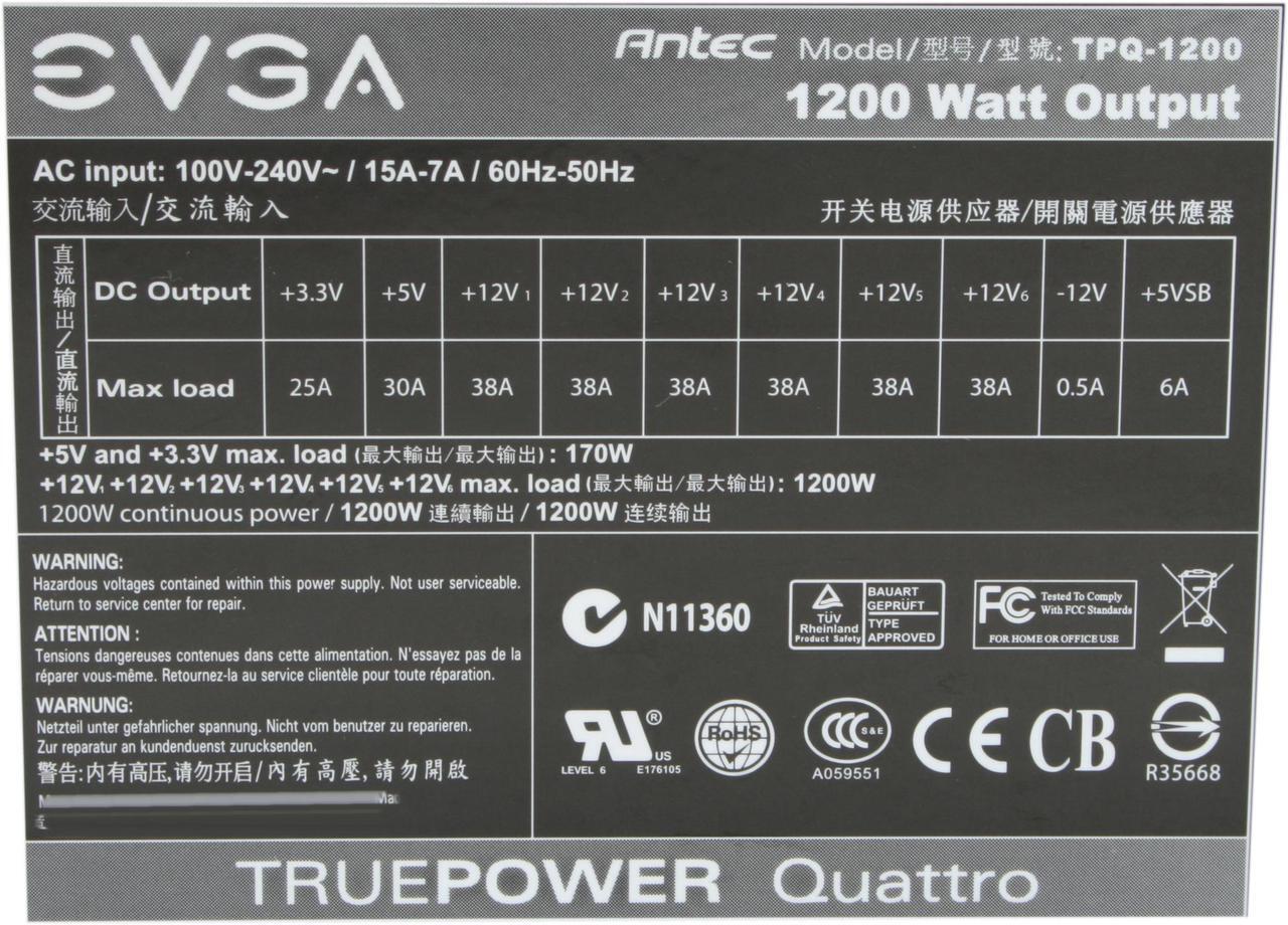 Alt view image 4 of 6 - EVGA Classified SR-2 100-PS-1200-GR 1200 W ATX12V / EPS12V SLI Ready CrossFire Certified 80 PLUS SILVER Certified Modular Active PFC Power Supply