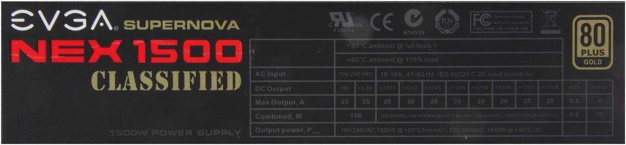 Alt view image 6 of 7 - EVGA SuperNOVA NEX 1500 Classified 80 PLUS GOLD Certified 1500W Active PFC ATX12V v2.31/EPS 12V v2.91 SLI Ready CrossFire Ready Full Modular PSU 5 Year Warranty 120-PG-1500-VR NEW 4th Gen CPU Certified Haswell Ready Power Supply
