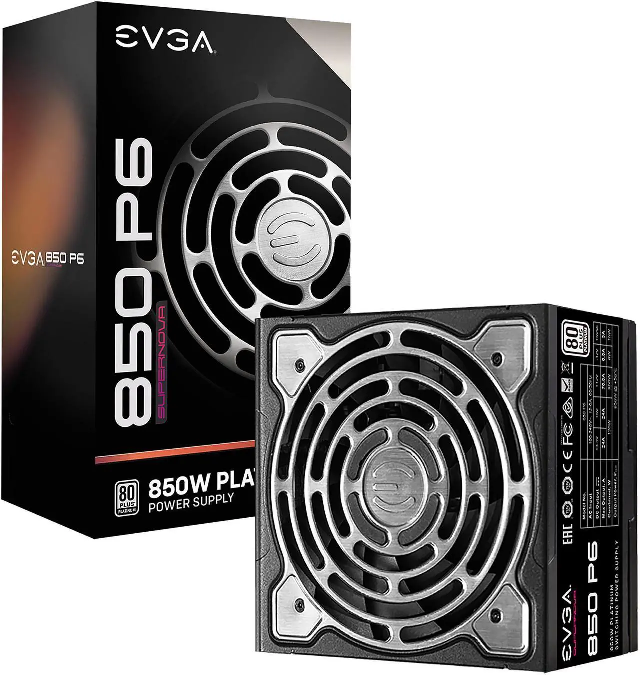 Main image of EVGA SuperNOVA 850 P6, 80 Plus Platinum 850W, Fully Modular, Eco Mode with FDB Fan, 10 Year Warranty, Includes Power ON Self Tester, Compact 140mm Size, Power Supply 220-P6-0850-X1