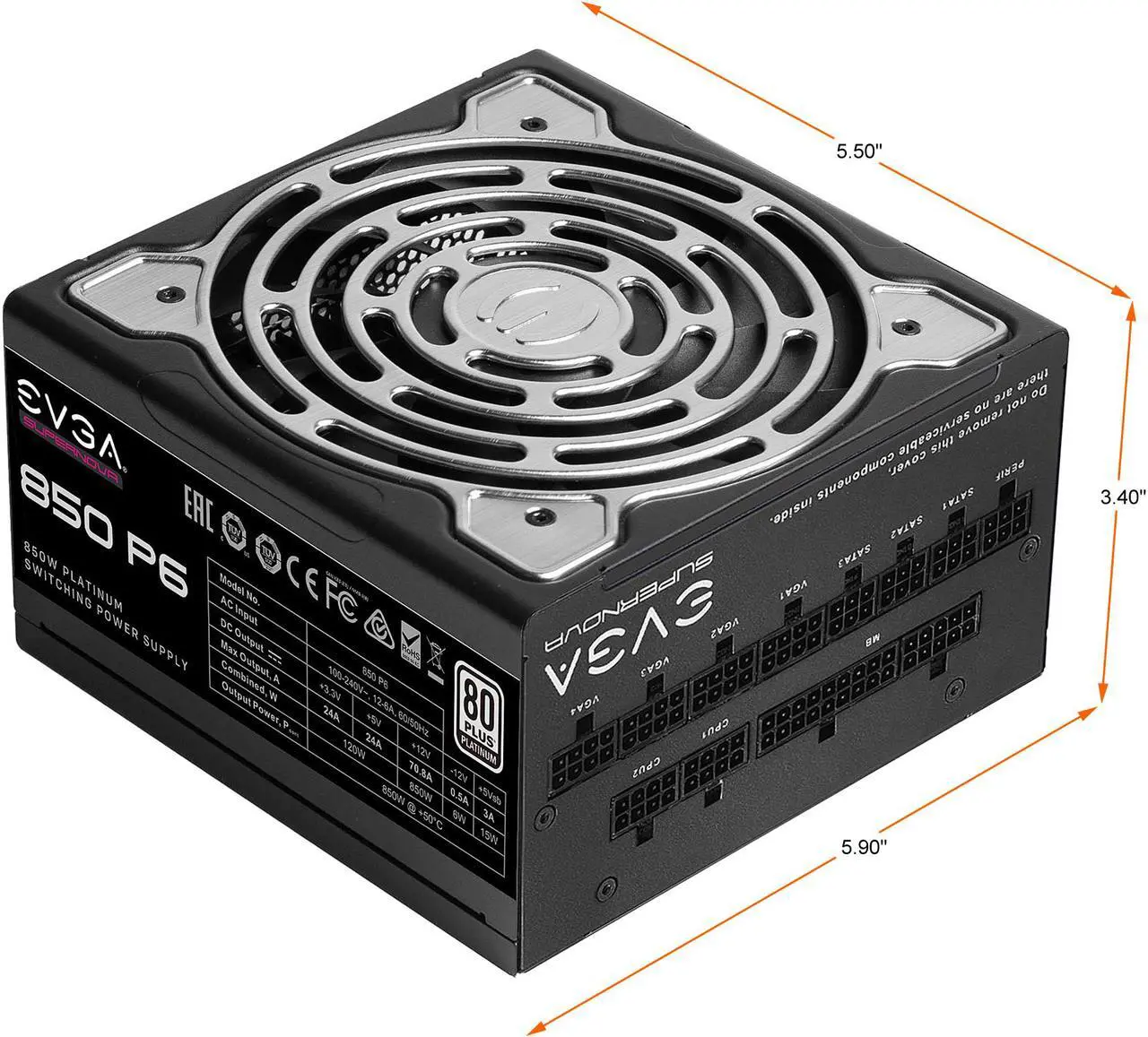 Alt view image 3 of 9 - EVGA SuperNOVA 850 P6, 80 Plus Platinum 850W, Fully Modular, Eco Mode with FDB Fan, 10 Year Warranty, Includes Power ON Self Tester, Compact 140mm Size, Power Supply 220-P6-0850-X1