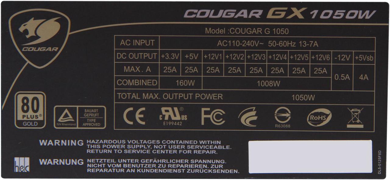 Alt view image 6 of 7 - COUGAR COUGAR-GX1050 1050 W ATX12V / EPS12V SLI Ready CrossFire Ready 80 PLUS GOLD Certified Semi-Modular Active PFC Power Supply