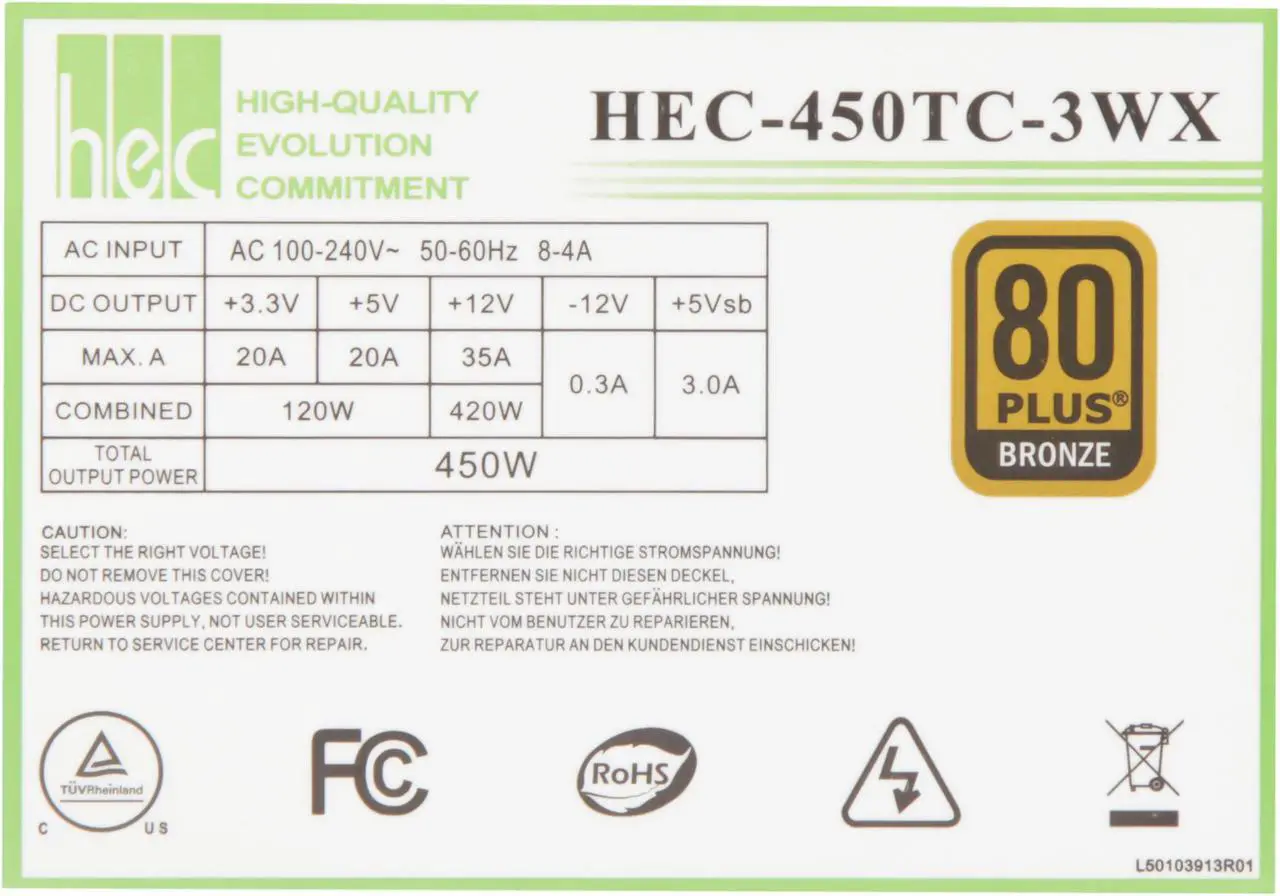 Alt view image 5 of 5 - hec HEC-450TC-3WX 450 W ATX12V v2.2 80 PLUS BRONZE Certified Active PFC Power Supply