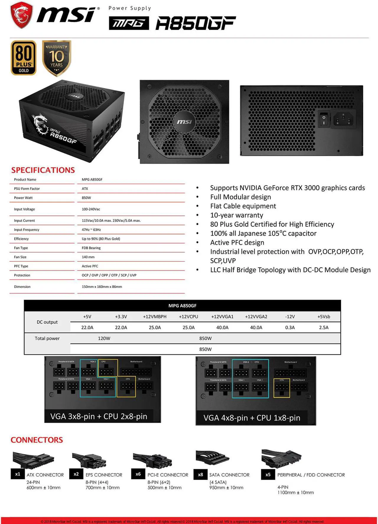 Alt view image 13 of 16 - MSI - MPG A850GF PCIE 5.0, 80 GOLD Full Modular Gaming PSU, Japanese Electrolytic capacitor, 850W ATX Power Supply