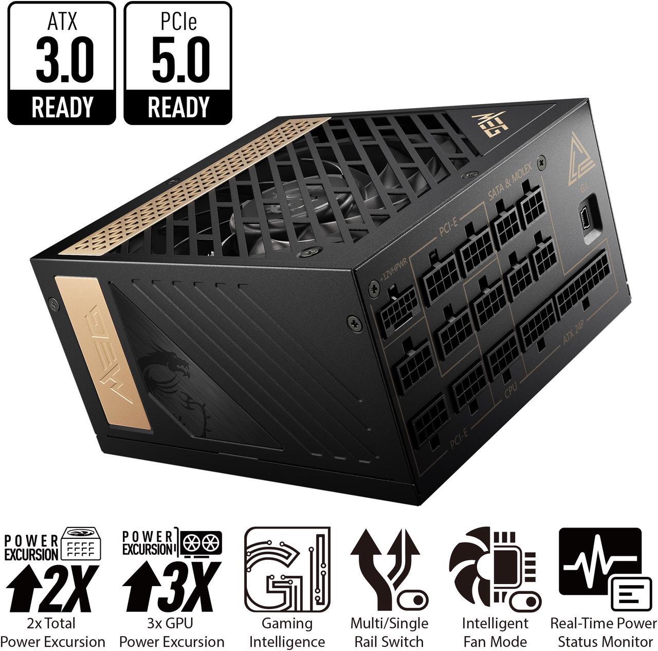 MSI - MEG Ai1300P PCIE 5.0, 80 PLATINUM Full Modular Gaming PSU, 12VHPWR Cable, 4080 4090 ATX 3.0 Compatible, 1300W Power Supply, 10 Year Warranty