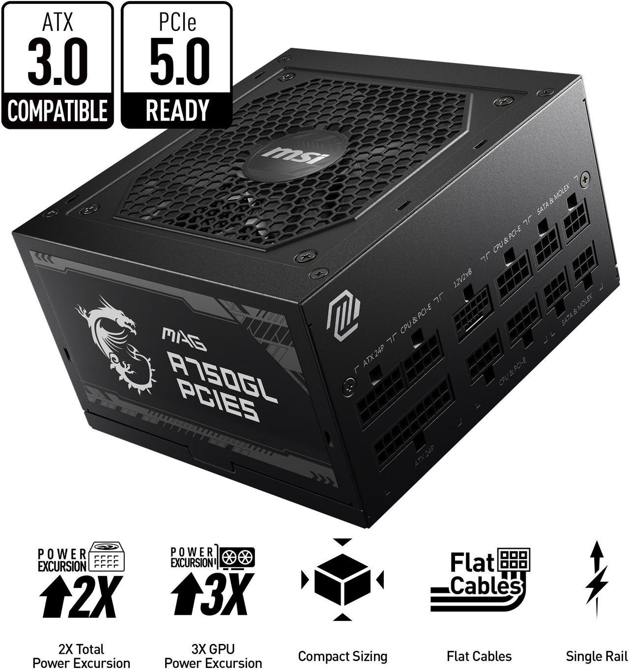 MSI - MAG A750GL PCIE 5.0, 80 GOLD Fully Modular Gaming PSU, 12VHPWR Cable, ATX 3.0 Compatible, 750W Power Supply, 10 Year Warranty