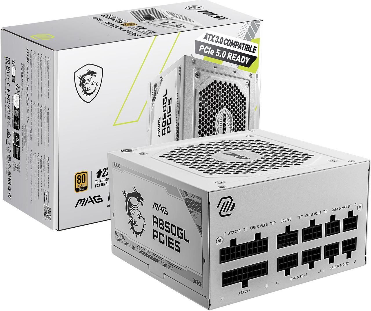 MSI - MAG A850GL PCIE 5.0 WHITE, 80 GOLD Fully Modular Gaming PSU, 12VHPWR Cable, ATX 3.0 Compatible, 850W Power Supply, 10 Year Warranty