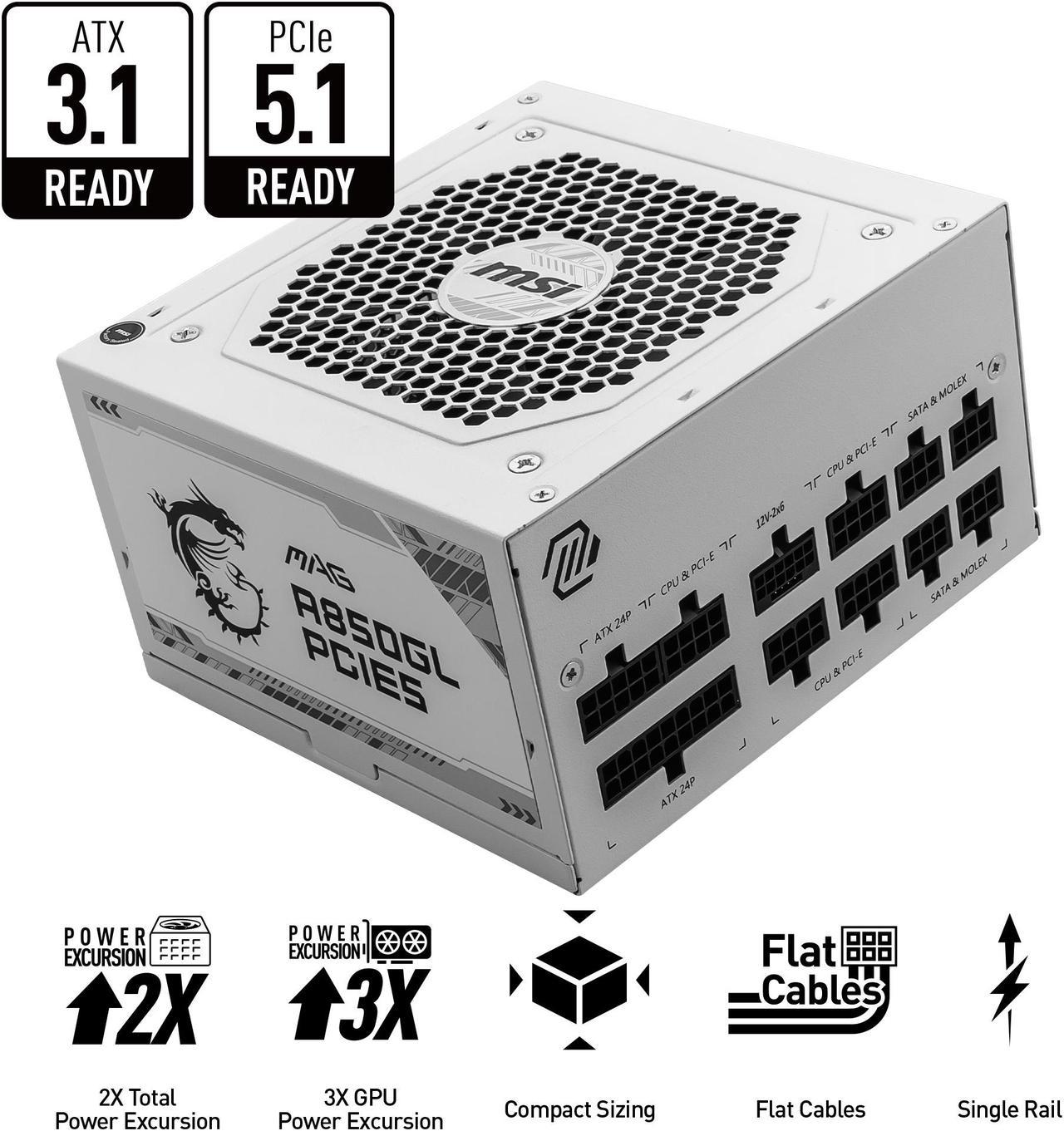 Alt view image 2 of 3 - MSI - MAG A850GL PCIE5 WHITE, 80+ GOLD Fully Modular Gaming PSU, 12V-2x6 Cable, ATX 3.1 & PCIE 5.1 Ready, 850W Power Supply, 10 Year Warranty