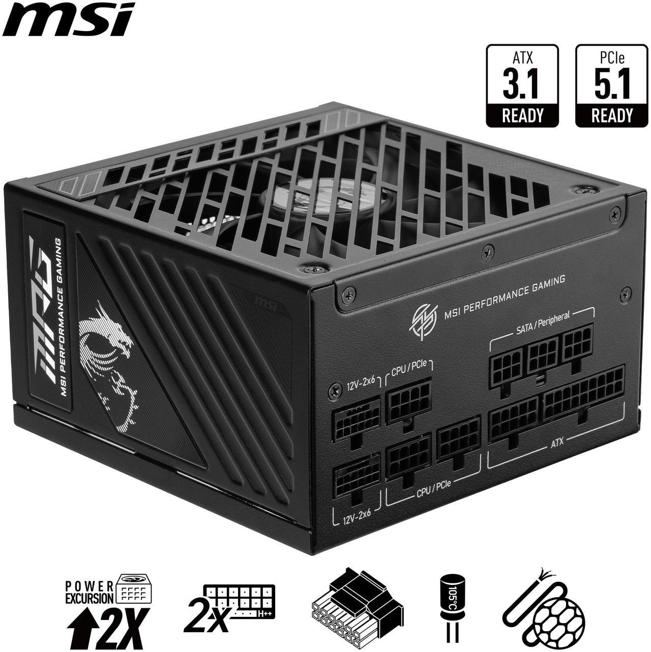 Main image of MSI - MPG A850GS PCIE5, 80+ Gold Full Modular Gaming PSU, 12V-2x6 Cable, 5080 5070 ATX 3.1 & PCIe 5.1 Ready. Embossed Jacket Cables. 850W Power Supply, 10 Year Warranty