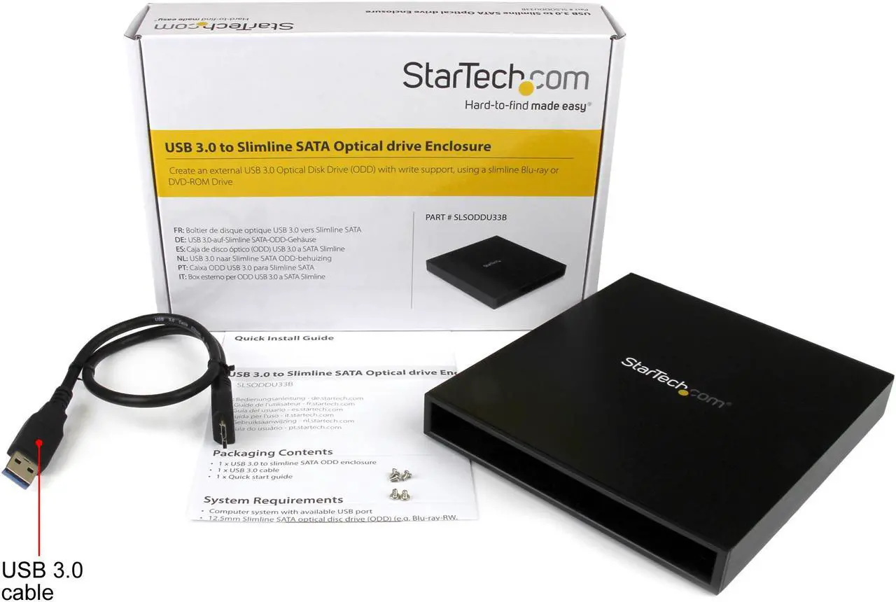 Alt view image 2 of 4 - StarTech.com USB 3.0 to Slimline SATA ODD Enclosure for Blu-ray and DVD ROM Drives, Solid Aluminum (SLSODDU33B)