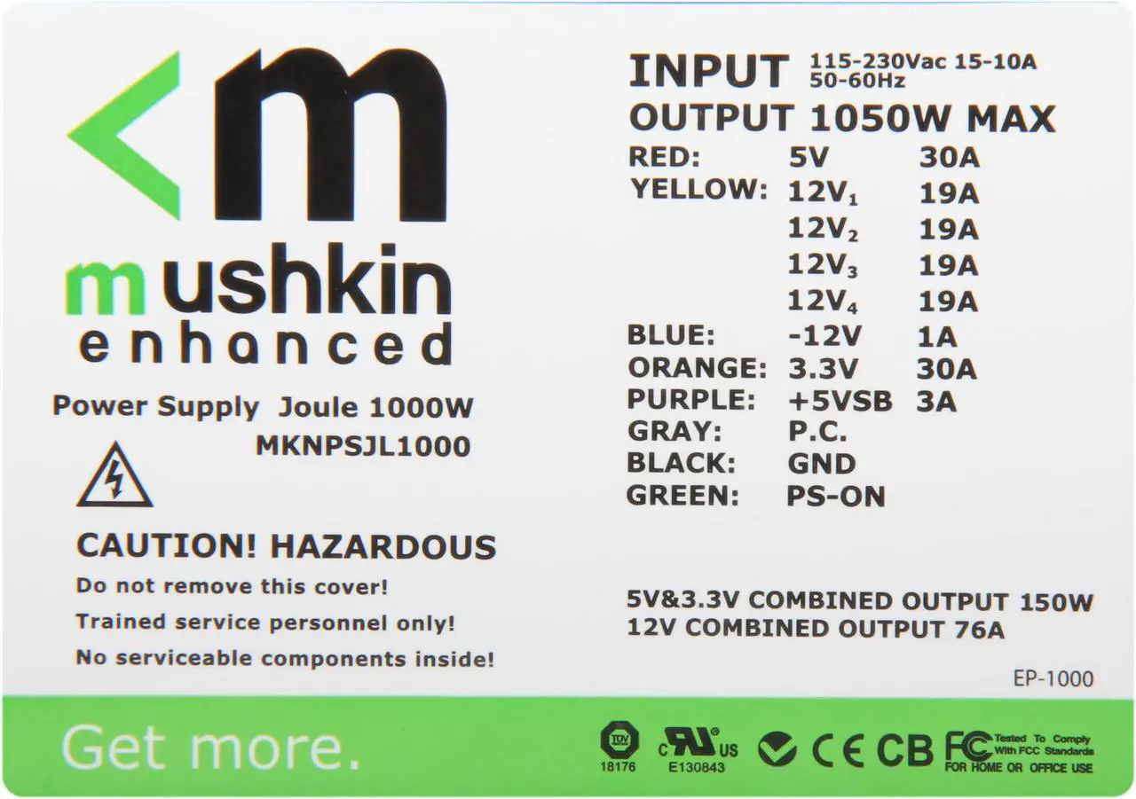 Alt view image 5 of 7 - Mushkin Enhanced MKNPSJL1000 1000 W ATX12V v2.3 80 PLUS GOLD Certified Active PFC Power Supply