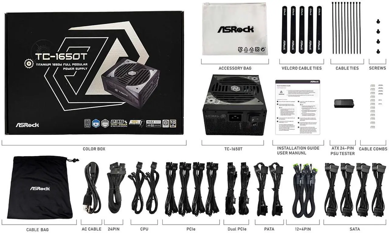 Alt view image 9 of 10 - ASRock Taichi TC-1650T 1650W 80 PLUS TITANIUM & Cybenetics TITANIUM Full Modular Power Supply, ATX3.1 & PCIe5.1 Ready with Dual Color 12V-2x6 Cables(2pcs), 10 Years Warranty
