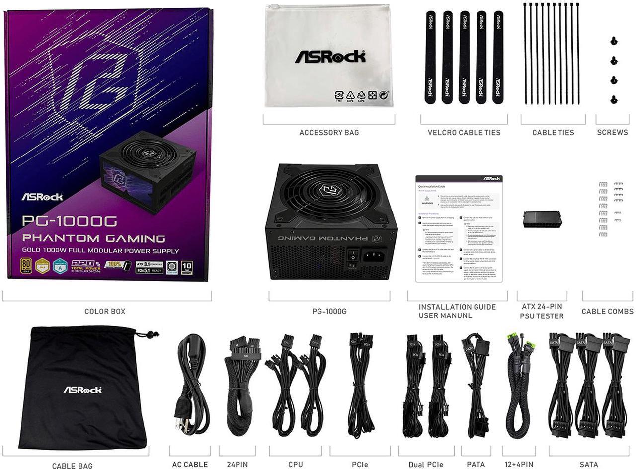 Alt view image 9 of 10 - ASRock Phantom Gaming PG-1000G 1000W 80 PLUS GOLD & Cybenetics GOLD Full Modular Power Supply, ATX3.1 & PCIe5.1 Ready with Dual Color 12V-2x6 Cable, 10 Years Warranty