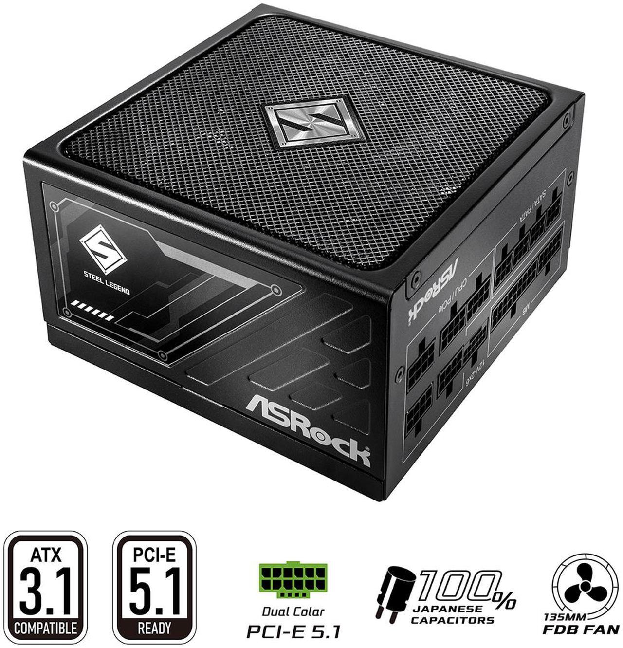 Main image of ASRock Steel Legend SL-1000G 1000W 80 PLUS GOLD & Cybenetics PLATINUM Full Modular Power Supply, ATX3.1 & PCIe5.1 Ready with Dual Color 12V-2x6 Cable, 10 Years Warranty