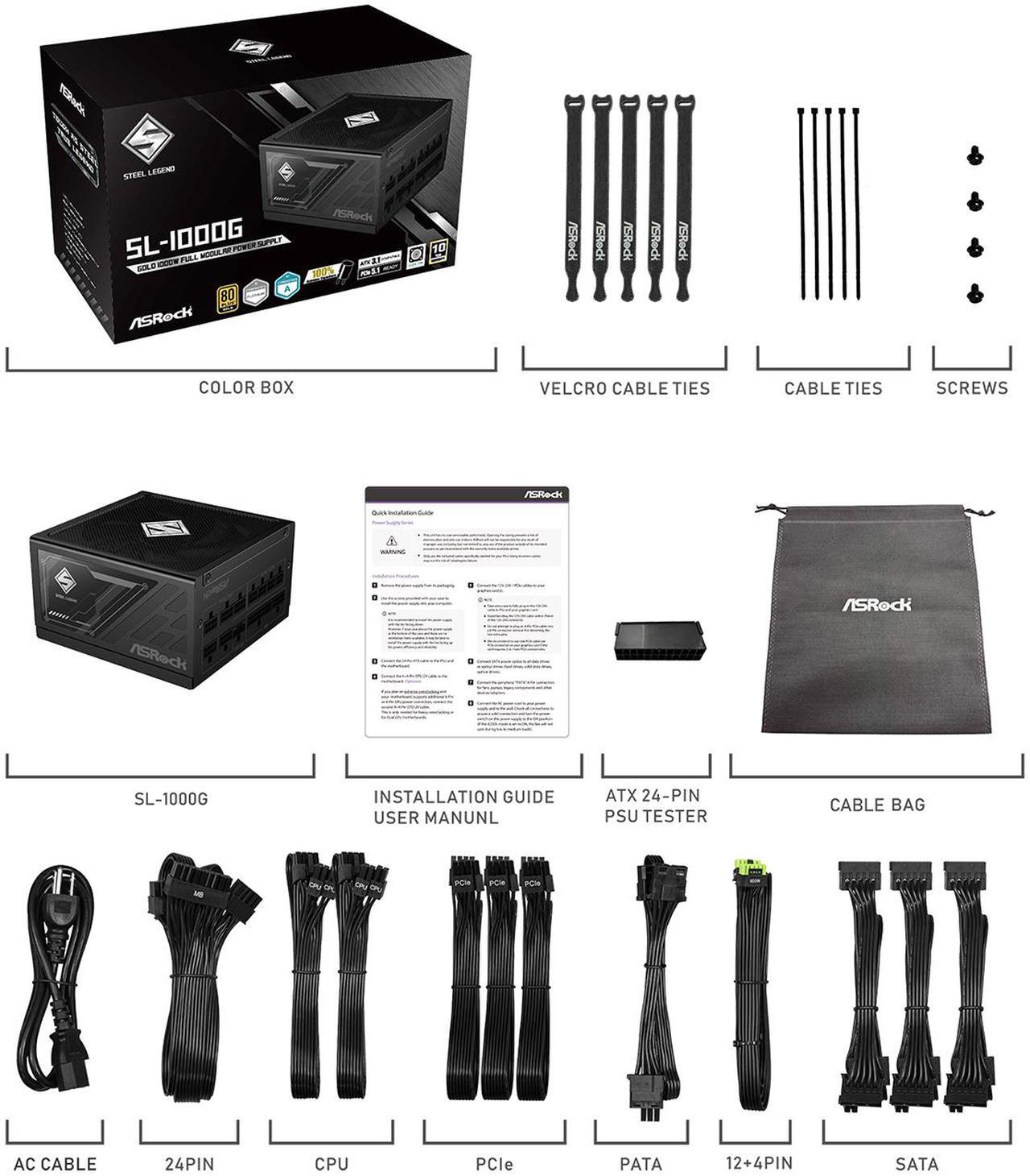 Alt view image 8 of 9 - ASRock Steel Legend SL-1000G 1000W 80 PLUS GOLD & Cybenetics PLATINUM Full Modular Power Supply, ATX3.1 & PCIe5.1 Ready with Dual Color 12V-2x6 Cable, 10 Years Warranty