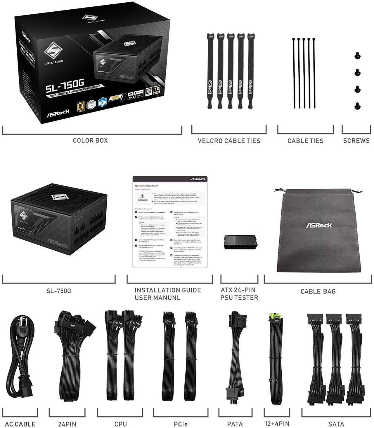 Alt view image 8 of 9 - ASRock Steel Legend SL-750G 750W 80 PLUS GOLD & Cybenetics PLATINUM Full Modular Power Supply, ATX3.1 & PCIe5.1 Ready with Dual Color 12V-2x6 Cable, 10 Years Warranty