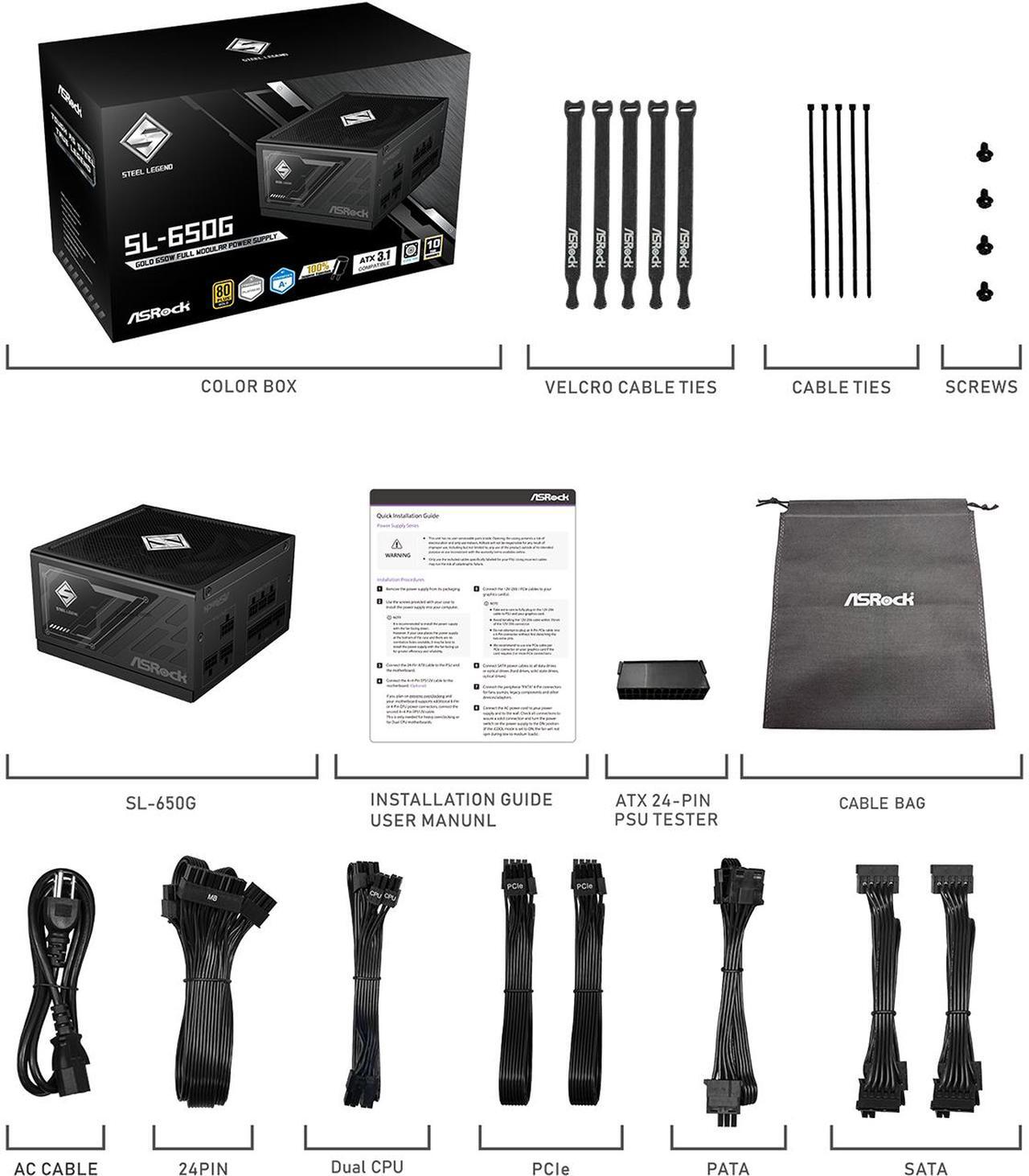 Alt view image 8 of 9 - ASRock Steel Legend SL-650G 650W 80 PLUS GOLD & Cybenetics PLATINUM Full Modular Power Supply, ATX3.1 Ready, 10 Years Warranty