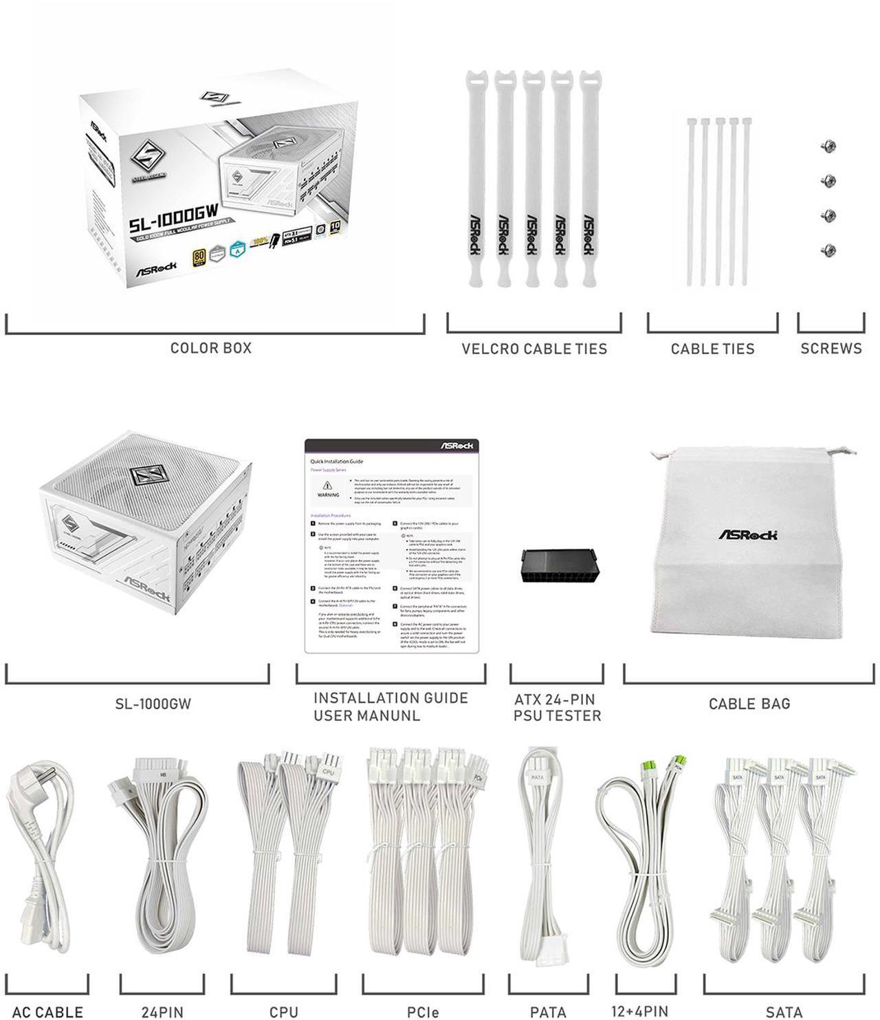 Alt view image 8 of 9 - ASRock SL-1000GW 1000W 80 PLUS GOLD & Cybenetics PLATINUM Full Modular Power Supply, ATX3.1 & PCIe5.1 Ready with Dual Color 12V-2x6 Cable, 10 Years Warranty, White Edition