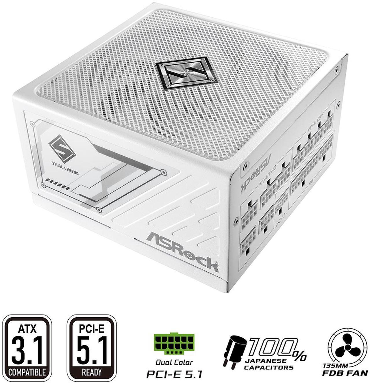 Main image of ASRock Steel Legend SL-850GW 850W 80 PLUS GOLD & Cybenetics PLATINUM Full Modular Power Supply, ATX3.1 & PCIe5.1 Ready with Dual Color 12V-2x6 Cable, 10 Years Warranty, White Edition