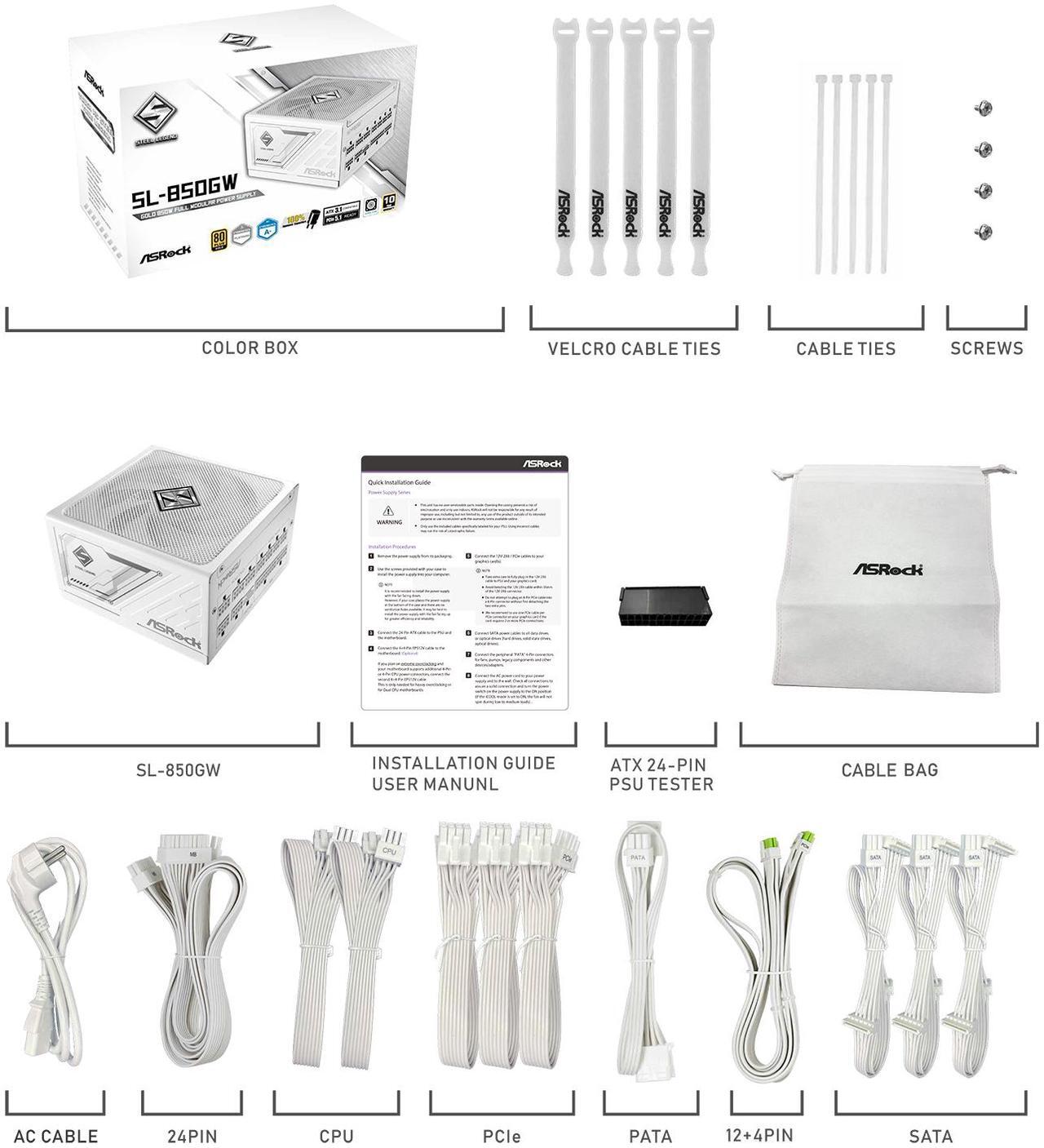 Alt view image 8 of 9 - ASRock Steel Legend SL-850GW 850W 80 PLUS GOLD & Cybenetics PLATINUM Full Modular Power Supply, ATX3.1 & PCIe5.1 Ready with Dual Color 12V-2x6 Cable, 10 Years Warranty, White Edition