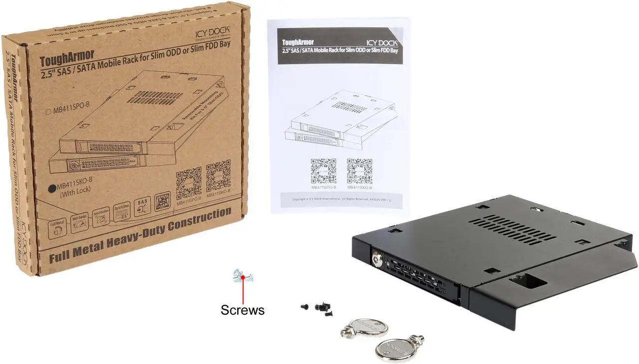 Alt view image 8 of 14 - ICY DOCK MB411SKO-B ToughArmor MB411SKO-B 2.5" SATA/SAS HDD/SSD Rugged Full Metal Mobile Rack for Slim ODD or Slim FDD Bay - With Key Lock