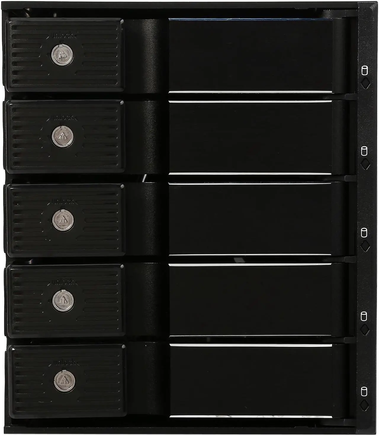 Alt view image 3 of 7 - Athena Power BP-TLA3051SAC 3.5" HDD Trayless Hot-Swap Backplane Module Converts 3 X 5.25" to 5 X 3.5" SAS/SATA 6Gb/s HDD (Vertical) - Aluminum Cage & Tray w/ Security Keylock, 80mm Fan & LED Indicator - OEM