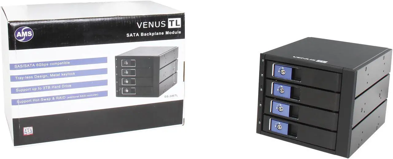 Alt view image 8 of 7 - AMS DS-346TL-BLUE 4in3 Trayless SATA/SAS backplane Module with Blue handle