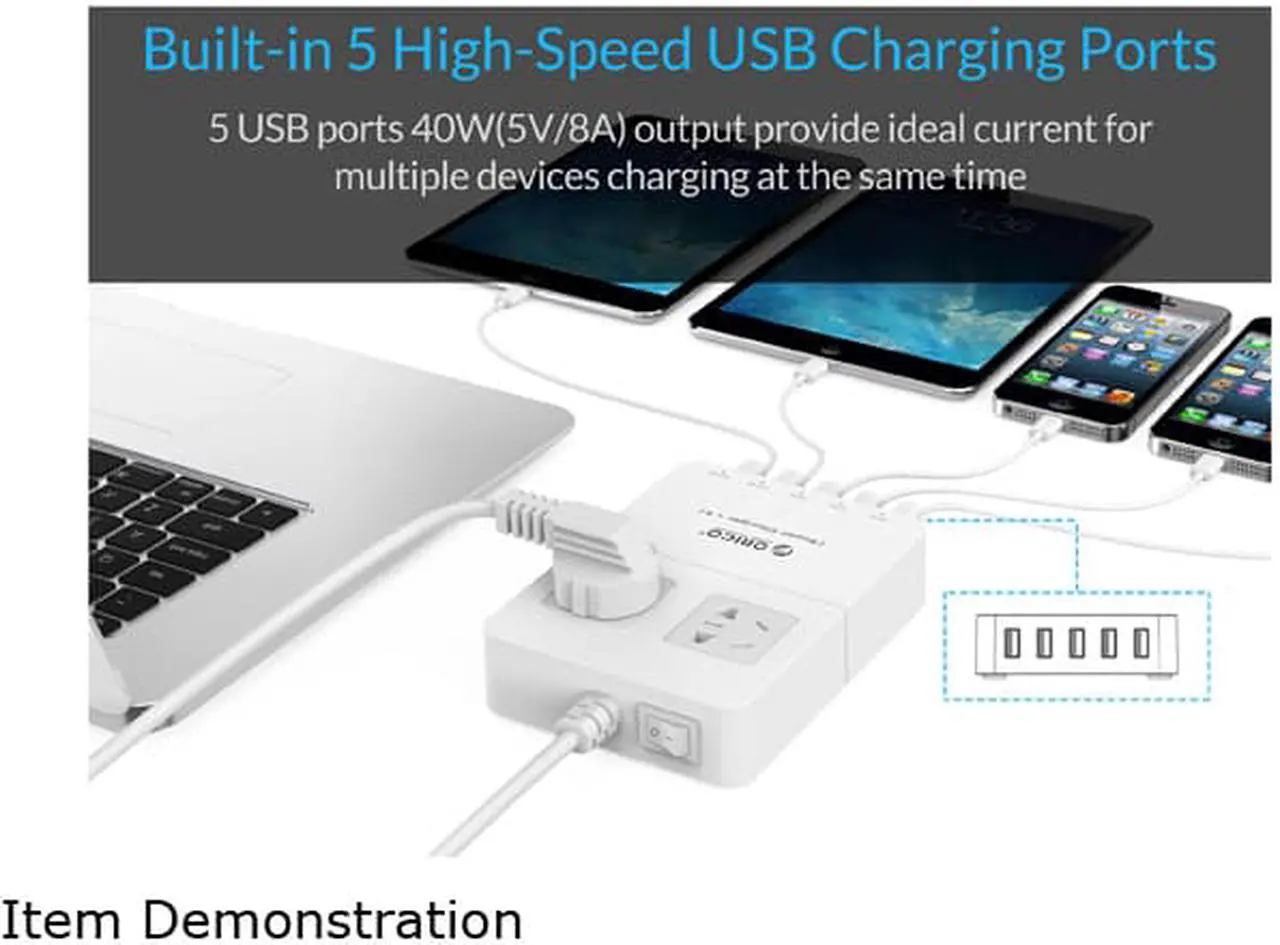 Alt view image 6 of 7 - ORICO 2 Outlet Power Strip with 5 USB Charging Ports 5 ft. for iPhone / iPad / LG / Samsung / HTC and More SurgeArrest Home / Office - White (HPC-2A5U)