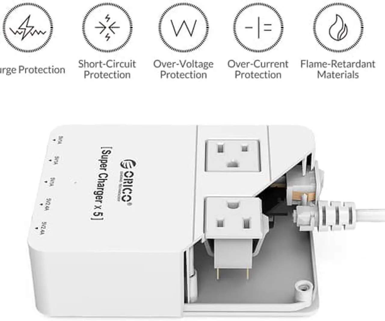 Alt view image 5 of 7 - ORICO 2 Outlet Power Strip with 5 USB Charging Ports 5 ft. for iPhone / iPad / LG / Samsung / HTC and More SurgeArrest Home / Office - White (HPC-2A5U)