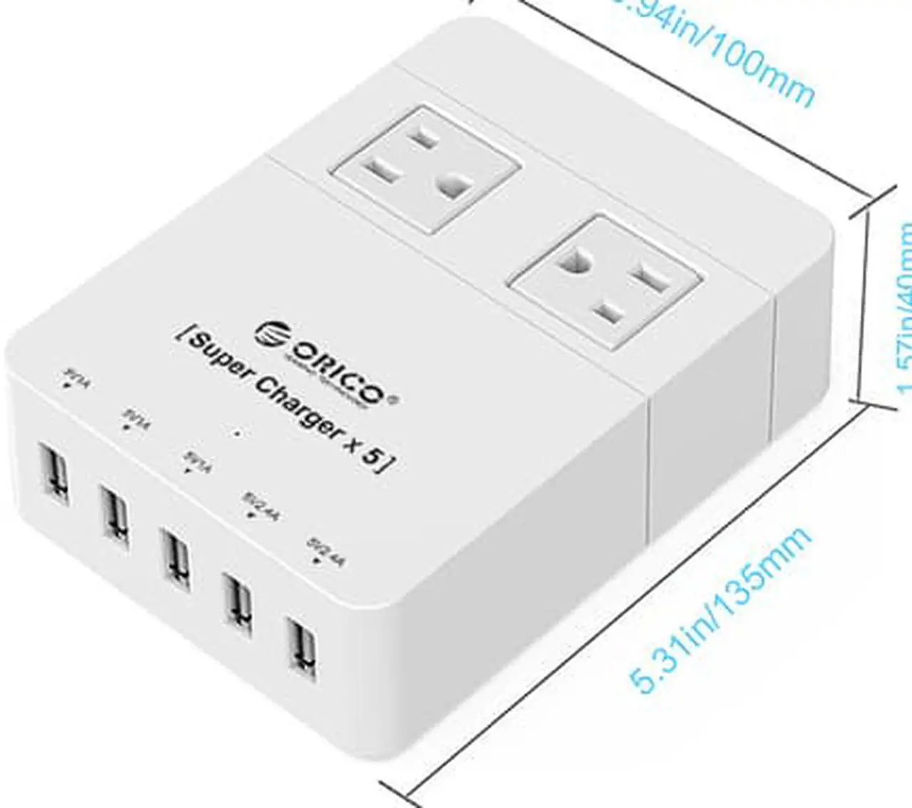 Alt view image 2 of 7 - ORICO 2 Outlet Power Strip with 5 USB Charging Ports 5 ft. for iPhone / iPad / LG / Samsung / HTC and More SurgeArrest Home / Office - White (HPC-2A5U)