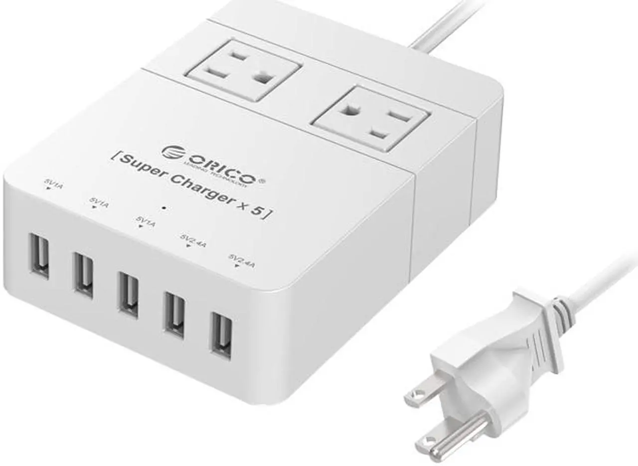 Main image of ORICO 2 Outlet Power Strip with 5 USB Charging Ports 5 ft. for iPhone / iPad / LG / Samsung / HTC and More SurgeArrest Home / Office - White (HPC-2A5U)