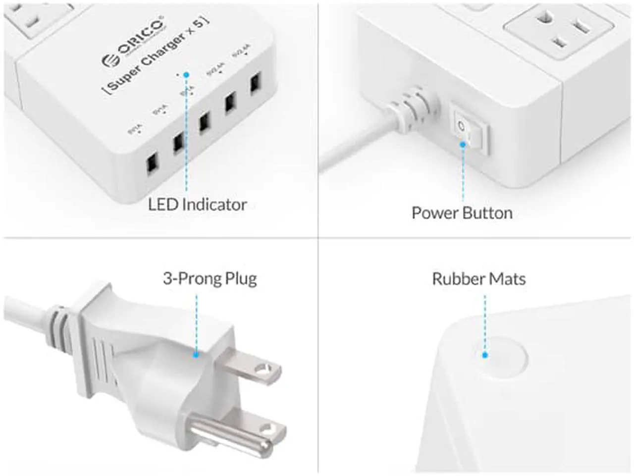 Alt view image 3 of 7 - ORICO 2 Outlet Power Strip with 5 USB Charging Ports 5 ft. for iPhone / iPad / LG / Samsung / HTC and More SurgeArrest Home / Office - White (HPC-2A5U)