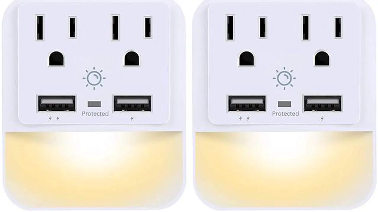 Main image of POWRUI USB Wall Charger, Outlet Adapter, 2-Pack Surge Protector (1080 Joules) with Dual USB Charger Ports(2.4A Total), Dual Outlet Extender and Dusk-to-Dawn Sensor Night Light, White, ETL Certified