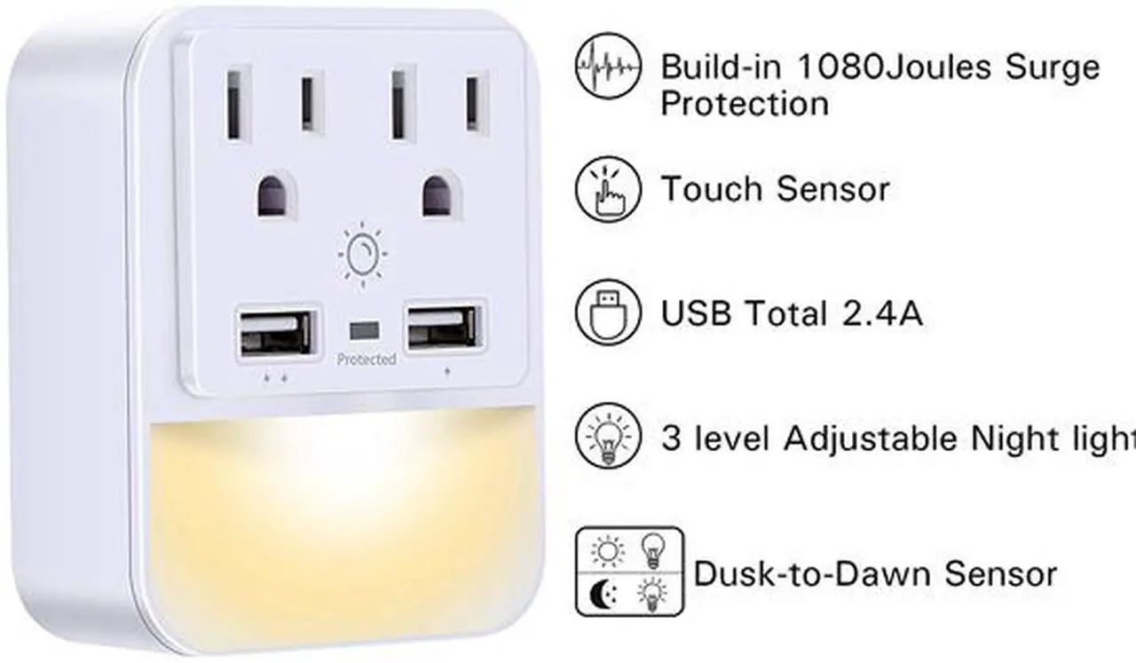 Alt view image 4 of 6 - POWRUI USB Wall Charger, Outlet Adapter, 2-Pack Surge Protector (1080 Joules) with Dual USB Charger Ports(2.4A Total), Dual Outlet Extender and Dusk-to-Dawn Sensor Night Light, White, ETL Certified