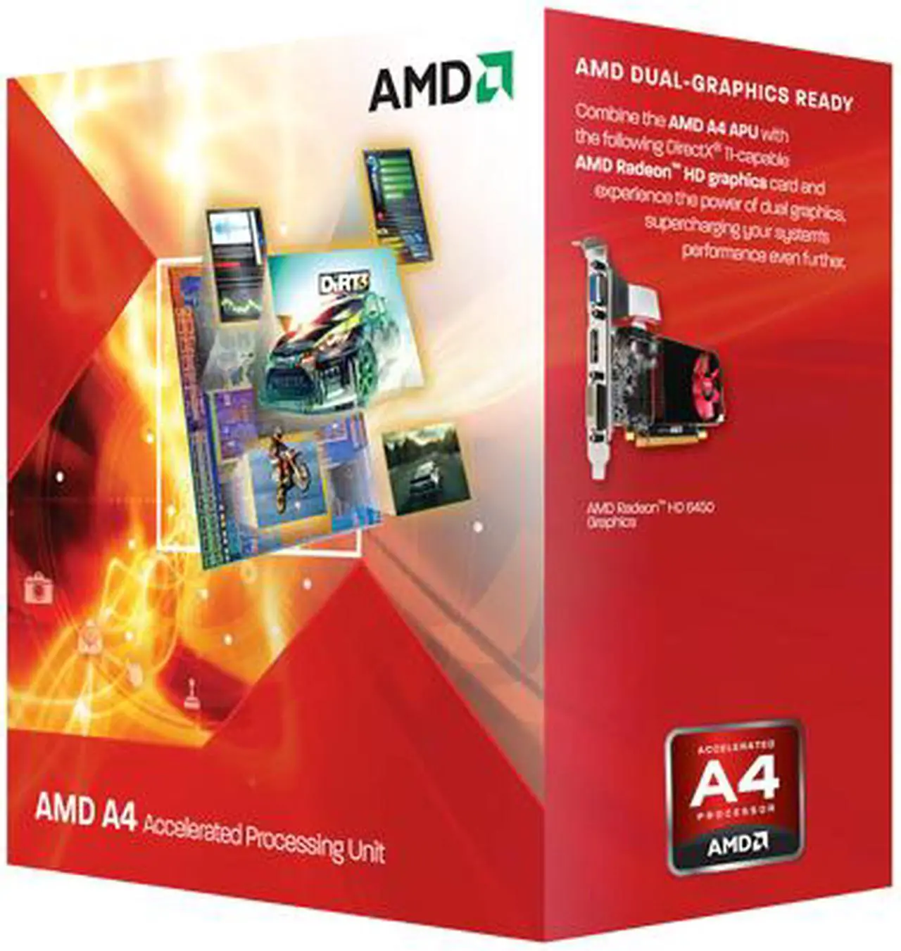 Main image of AMD A4-3400 - A-Series APU (CPU + GPU) Llano Dual-Core 2.7 GHz Socket FM1 65W AMD Radeon HD 6410D Desktop APU (CPU + GPU) with DirectX 11 Graphic - AD3400OJHXBOX