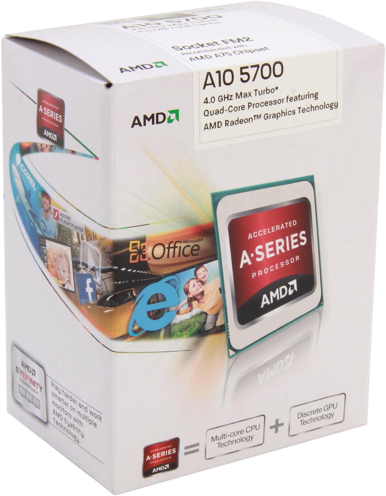 Main image of AMD A10-5700 - A-Series APU Trinity Quad-Core 3.4GHz (4.0GHz Turbo) Socket FM2 65W AMD Radeon HD 7660D Desktop APU (CPU + GPU) with DirectX 11 Graphic - AD5700OKHJBOX