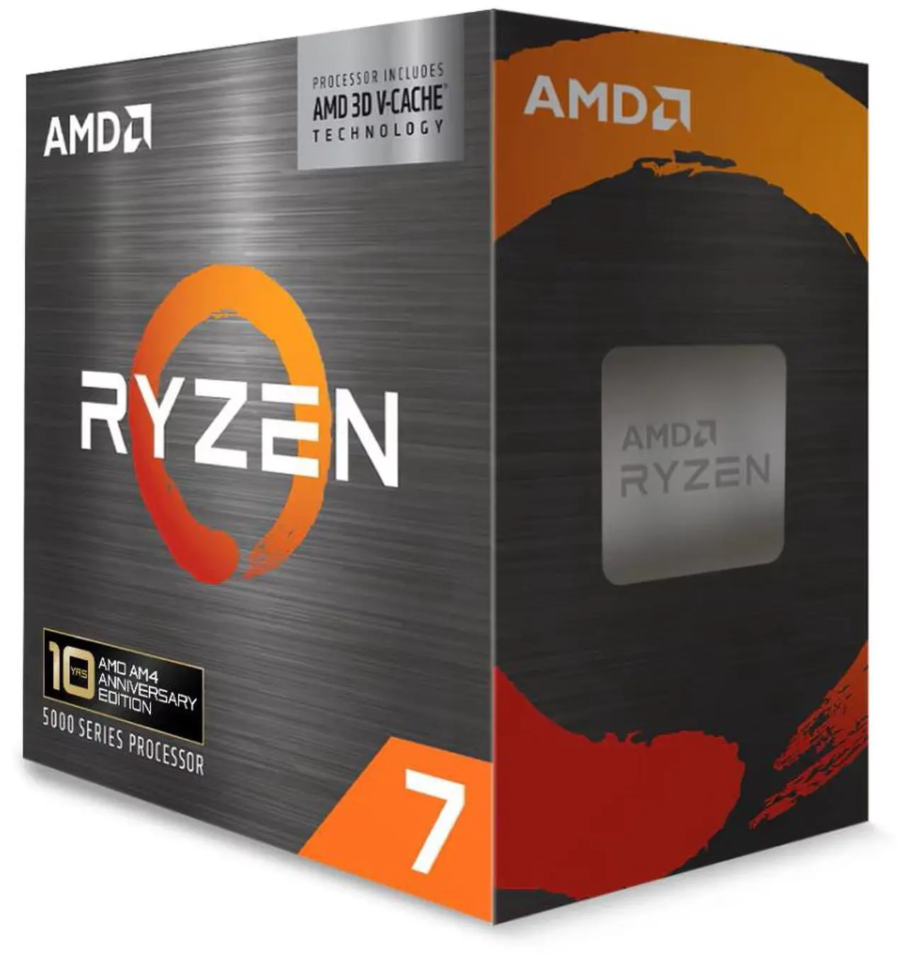 AMD Ryzen 7 5800X3D 10th Anniversary Edition processor box — front view showing AMD 3D V-Cache Technology and 10 YRS AMD AM4 Anniversary Edition branding