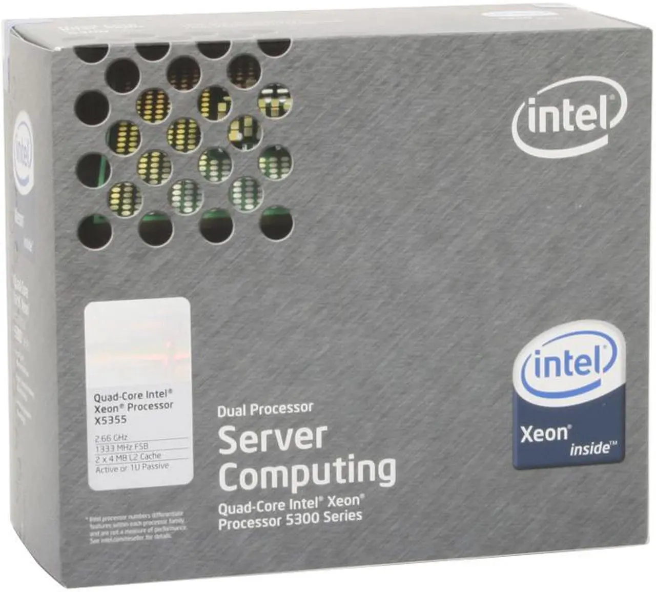Main image of Intel Xeon X5355 Clovertown 2.66 GHz 2 x 4MB L2 Cache LGA 771 120W BX80563X5355A Active or 1U Processor