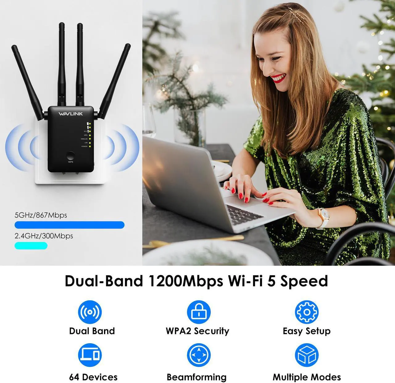 Alt view image 3 of 7 - Wavlink AC1200 WiFi Extender Dual Band WiFi Range Extende, wifi Repeater / Access Point / Router / Media Bridge with 4 High Gain External Antenna 1200Mbps, 802.11AC, WPS Easy Set Up, Wall Plug