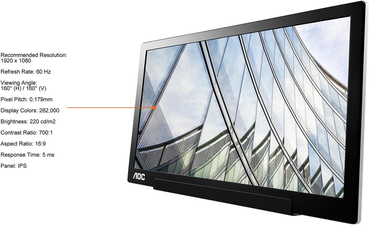 Alt view image 5 of 14 - AOC 15.6" I1601C 1920 x 1080 FHD IPS USB-C Tilt Pivot WLED Backlight Portable Monitor