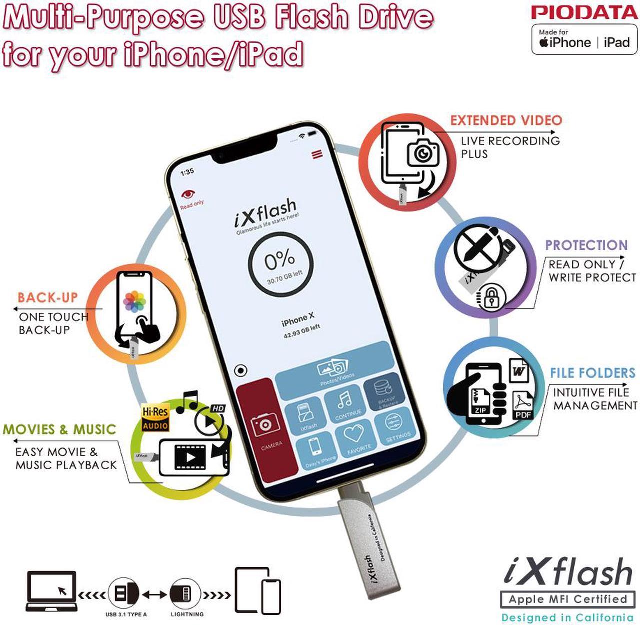 Alt view image 4 of 6 - PioData iXflash 32GB iPhone iPad Flash Drive USB Type A and Apple MFi Certified Lightning Connector, External Storage Memory Stick, iPhone USB Flash Drive for Photos, Videos, & Backup