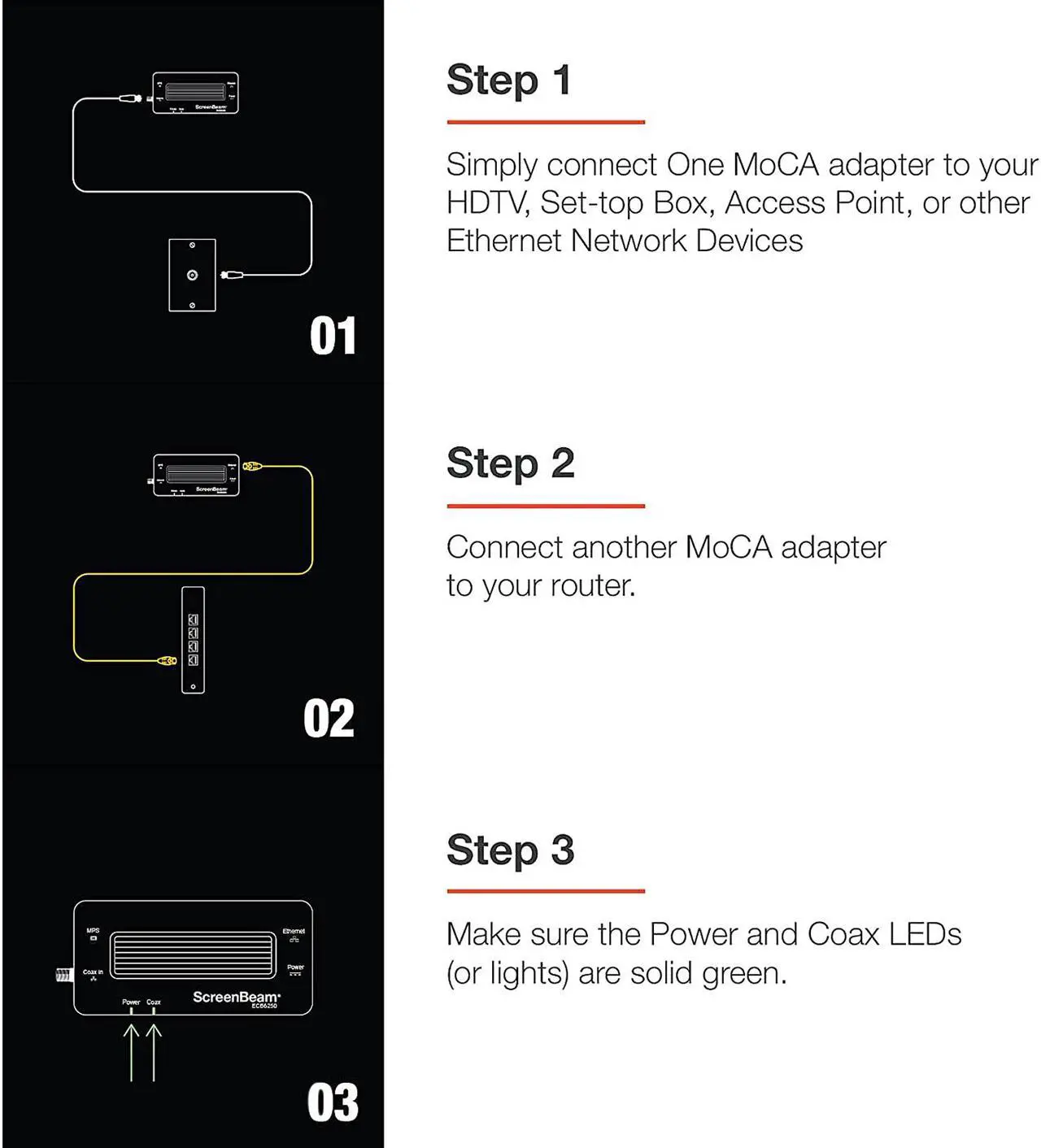 Alt view image 6 of 9 - Screenbeam Inc. MoCA 2.5 Network Adapter for Ethernet Over Coax (2 Pack) - 1 Gbps Ethernet, Coax to Ethernet Adapter, Enhanced Streaming and Gaming (Model: ECB6250K02)