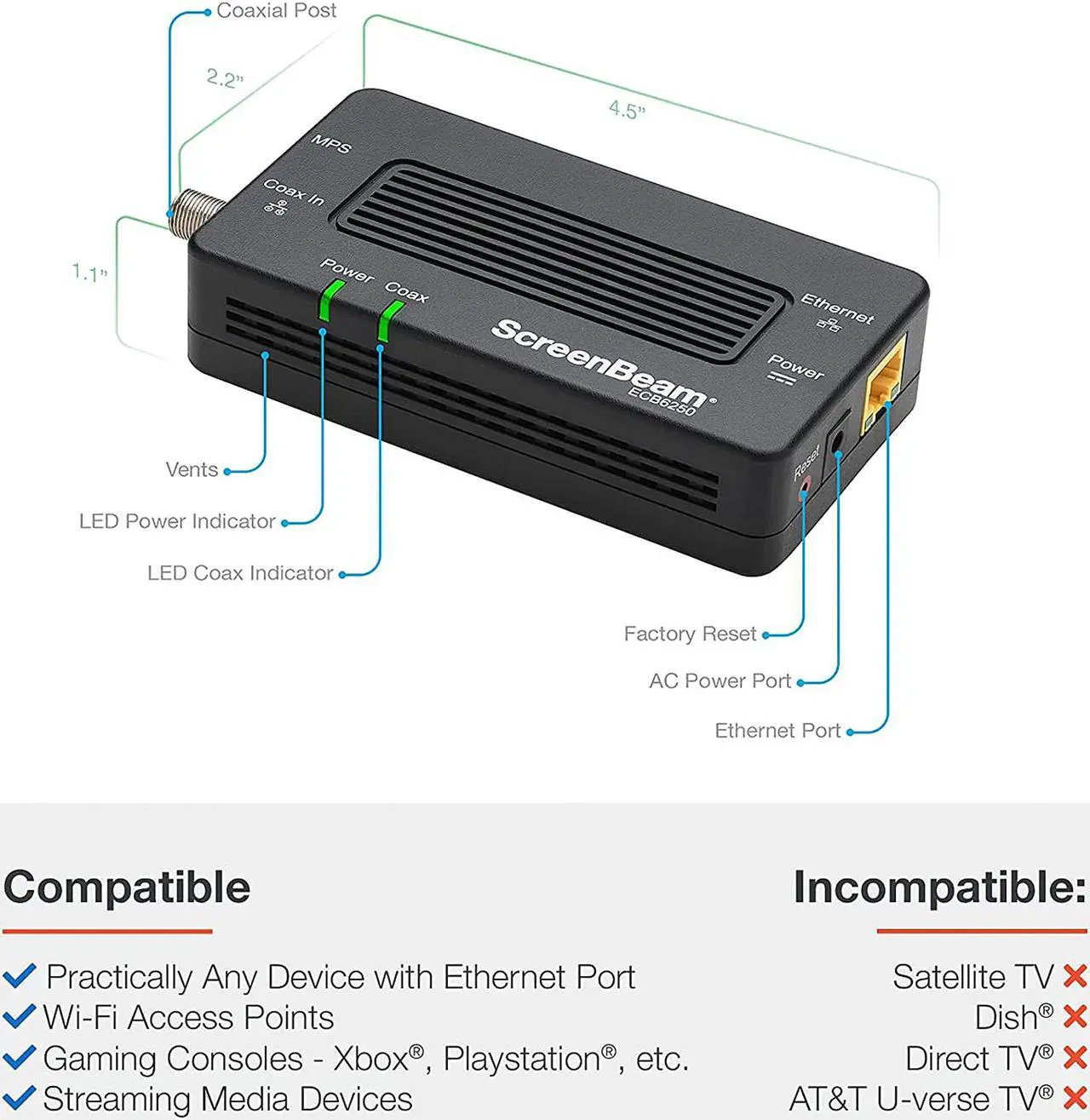 Alt view image 8 of 9 - Screenbeam Inc. MoCA 2.5 Network Adapter for Ethernet Over Coax (2 Pack) - 1 Gbps Ethernet, Coax to Ethernet Adapter, Enhanced Streaming and Gaming (Model: ECB6250K02)