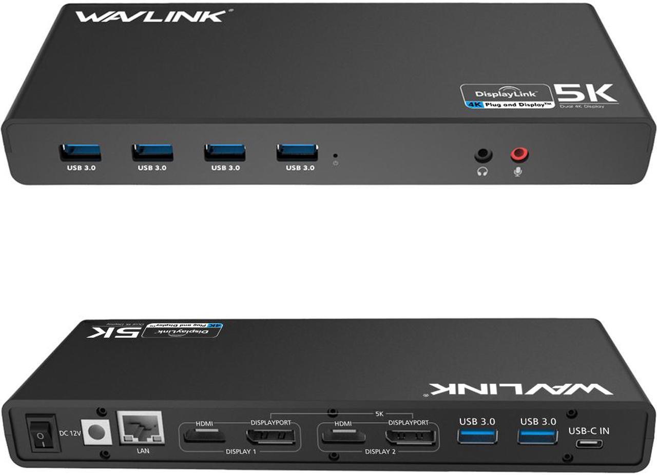 Wavlink Dual 4K Display Laptop Docking Station Single 5K/Dual 4K @60Hz USB 3.0 and USB-C Dual Monitor Docking Station With 2 x HDMI, 2 DP, Gigabit Ethernet, 6 x USB 3.0, Audio, Mic, For Windows/Mac